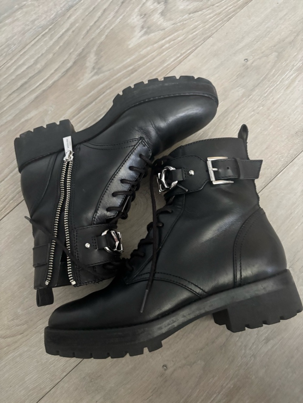 Michael Kors Black Leather MK Hardware Lace-Up Combat Boots